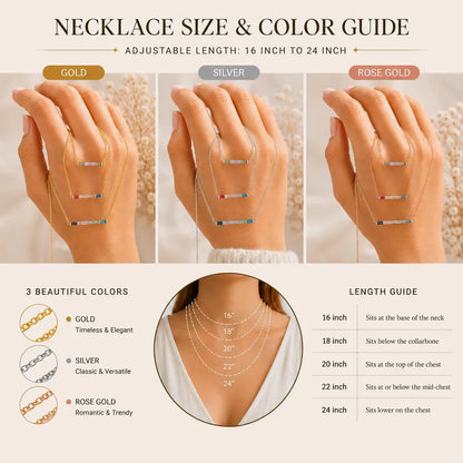 Necklace size and colour guide comparing gold, silver and rose gold chains from 16 to 24 inch