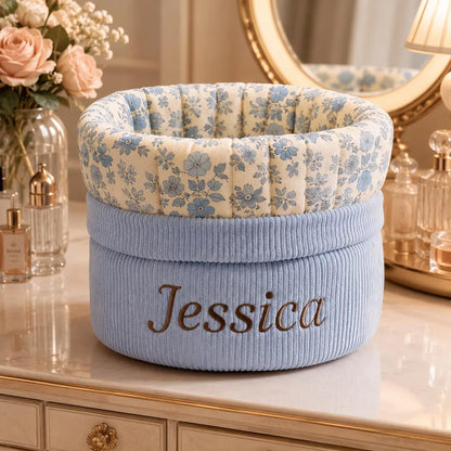 Personalized Corduroy Makeup Bag with Name – styled lifestyle photo