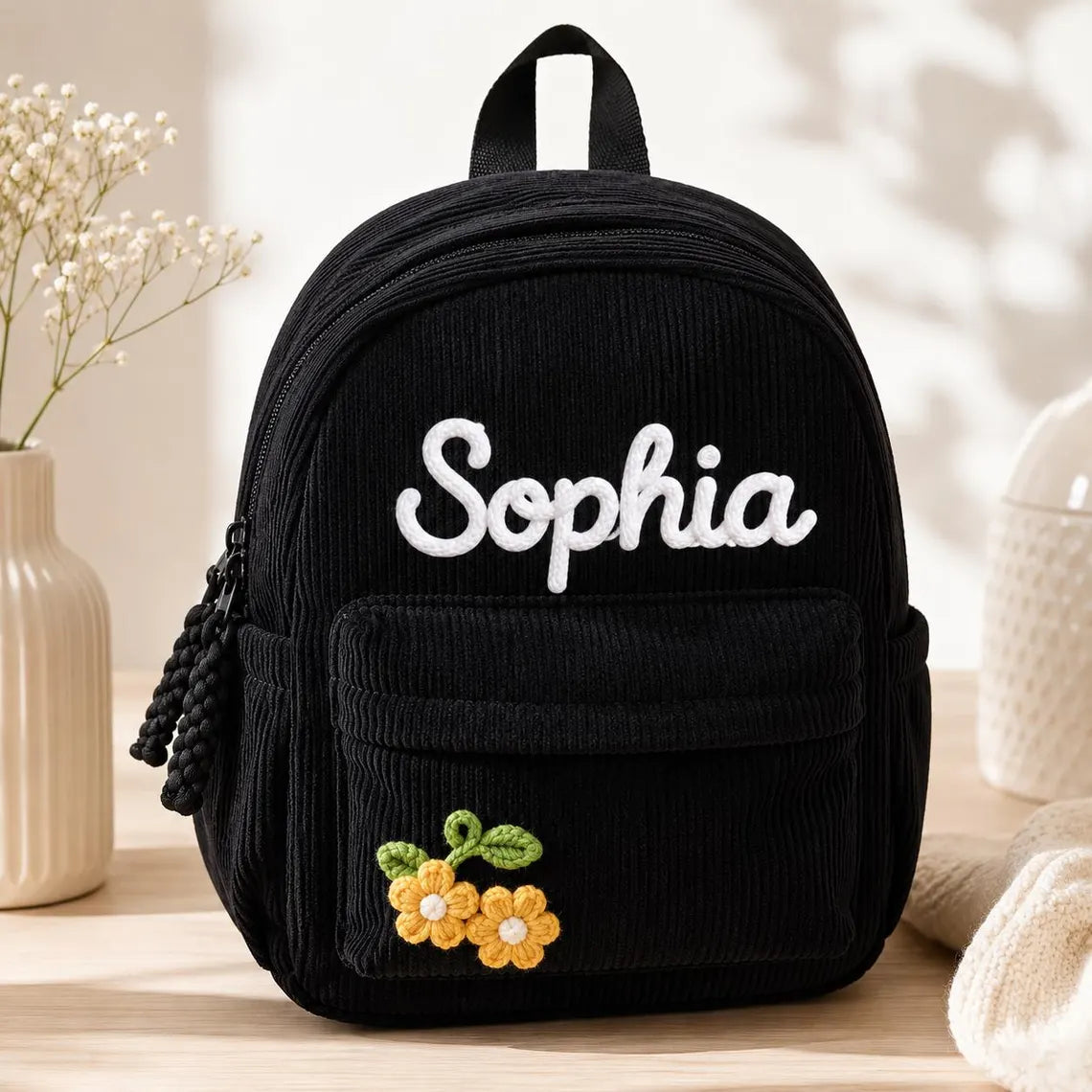 Personalized Corduroy Kids Backpack with Name – size and dimension details
