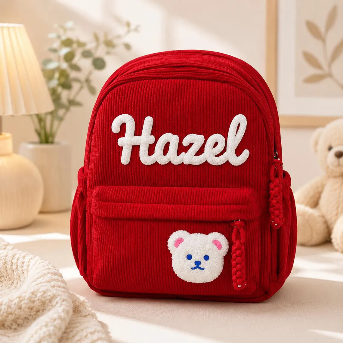 Personalized Corduroy Kids Backpack with Name – styled lifestyle photo