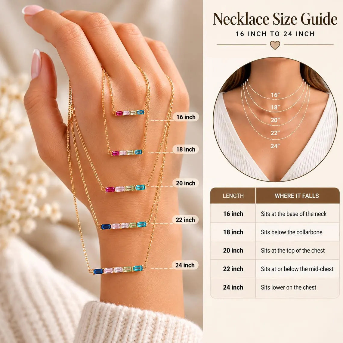 Necklace length guide showing where 16, 18, 20, 22 and 24 inch chains sit on the neck