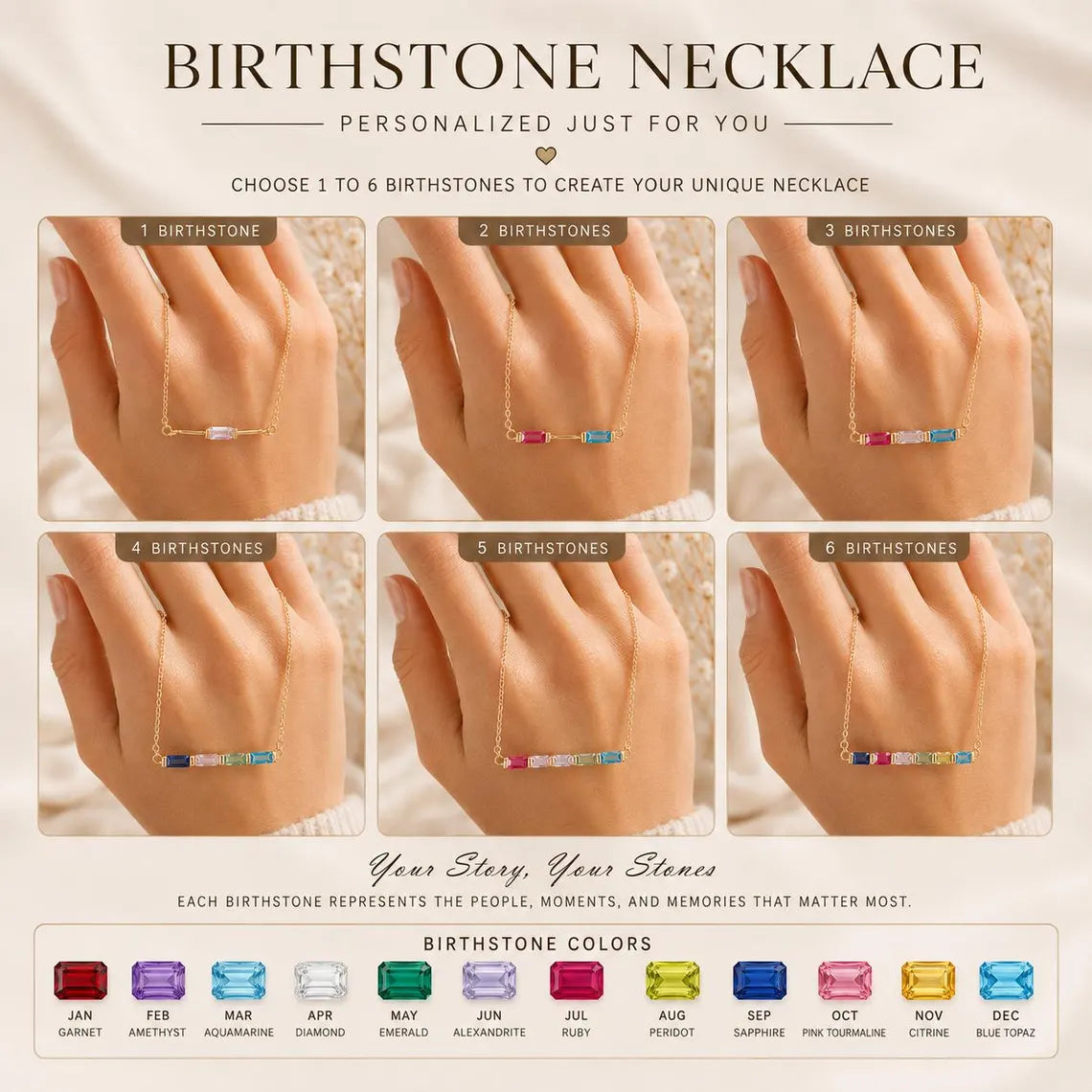 Personalized birthstone necklace shown with one to six baguette birthstones and the full birthstone colour range