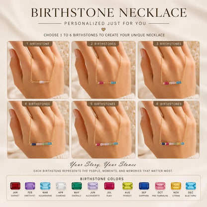 Personalized birthstone necklace shown with one to six baguette birthstones and the full birthstone colour range
