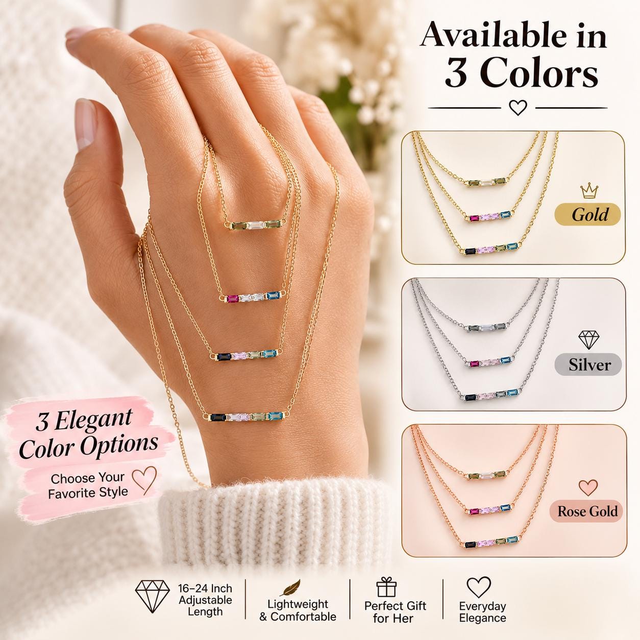 Personalized baguette birthstone necklace available in gold, silver and rose gold with a 16 to 24 inch adjustable chain