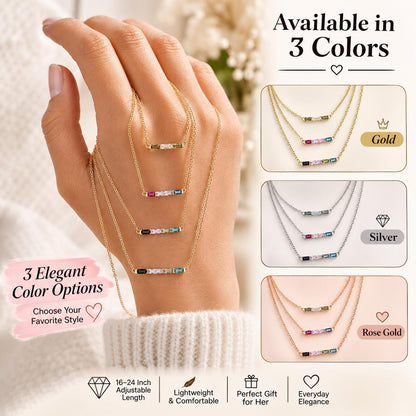 Personalized baguette birthstone necklace available in gold, silver and rose gold with a 16 to 24 inch adjustable chain