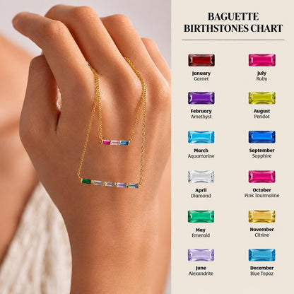 Baguette birthstone chart showing each month's stone, from January garnet to December blue topaz