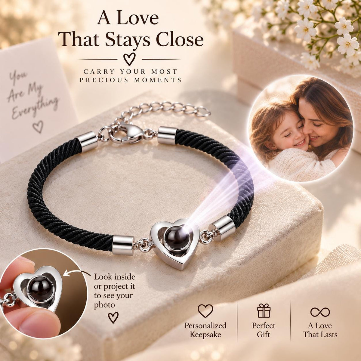 Braided heart photo bracelet on the wrist