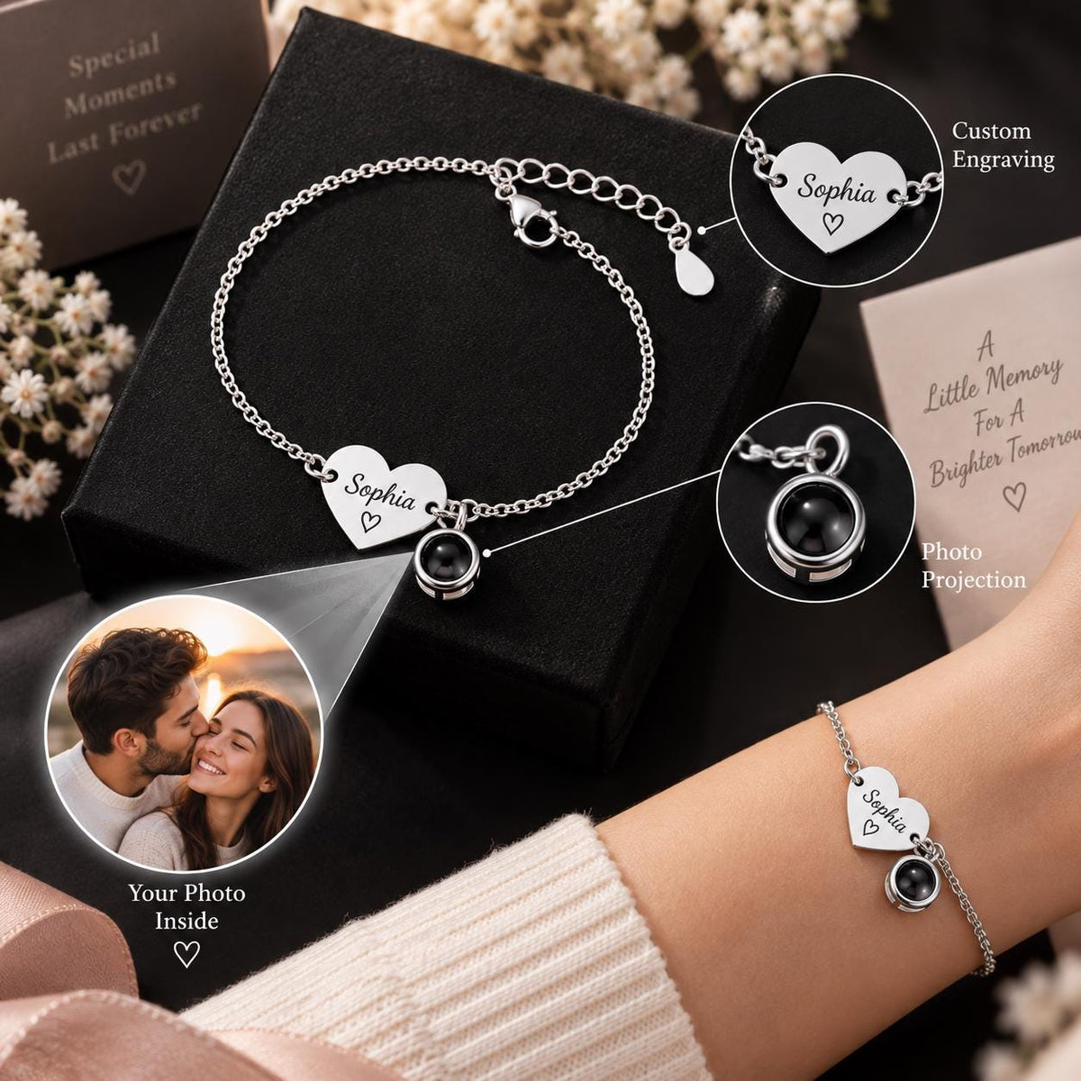 Chain bracelet with engraved heart tag and round projection charm