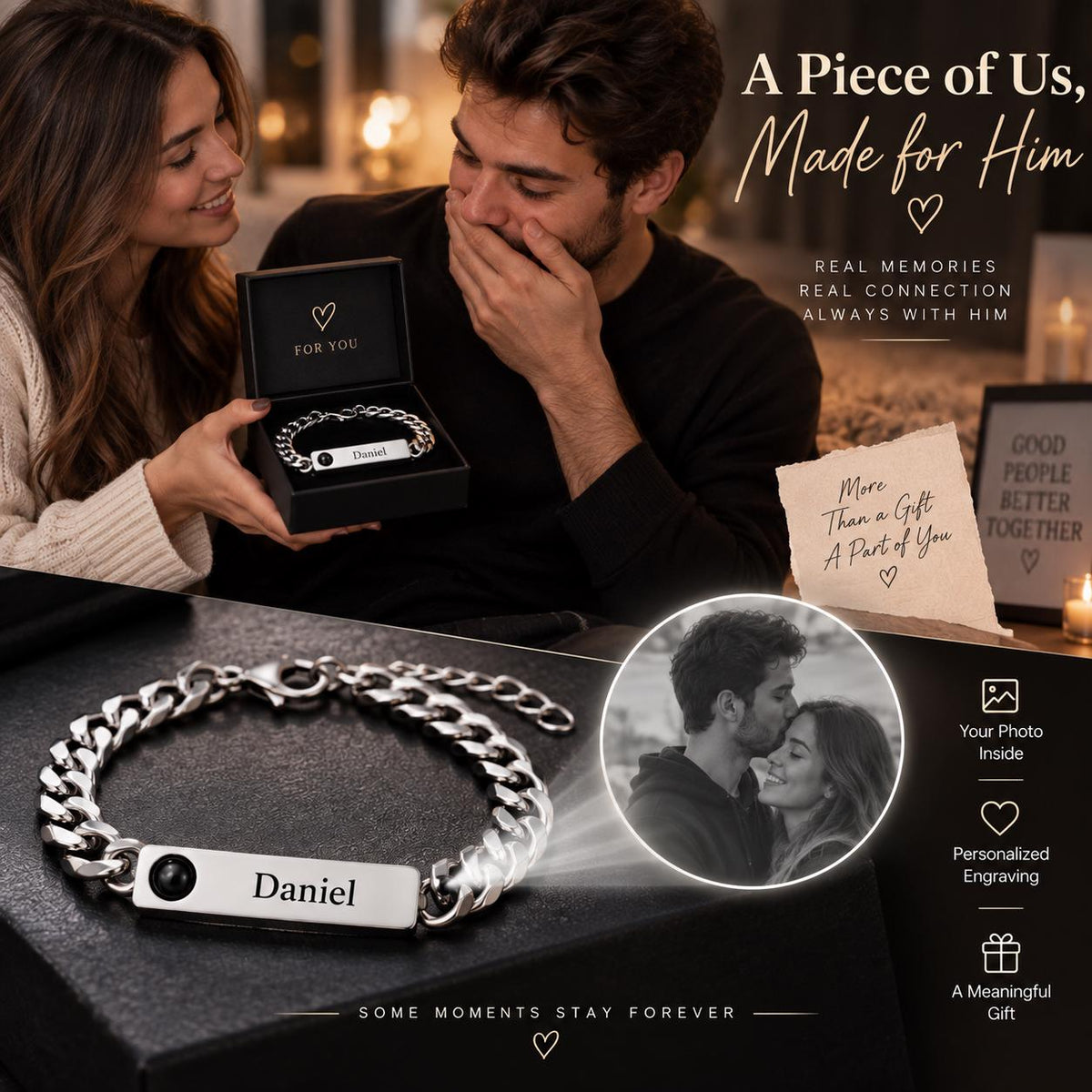 Engraved name plate on men's photo bracelet