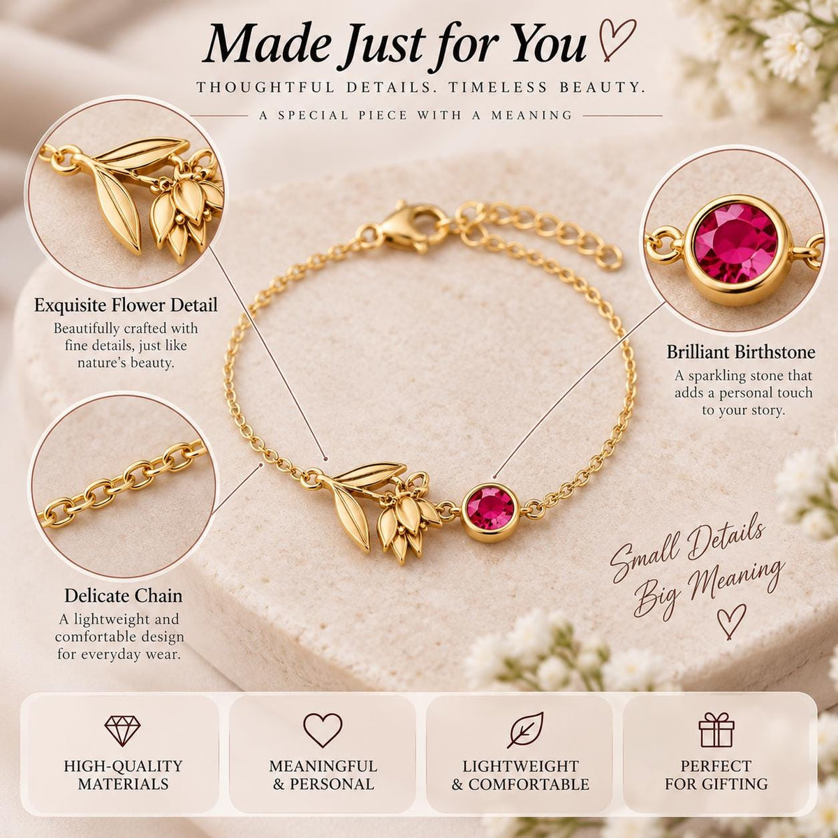 Gold tone birth flower bracelet with a red stone