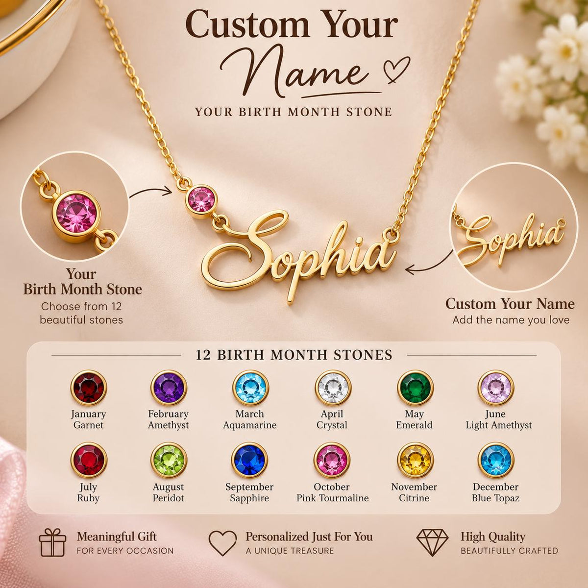 Gold tone name necklace with a birthstone, close up