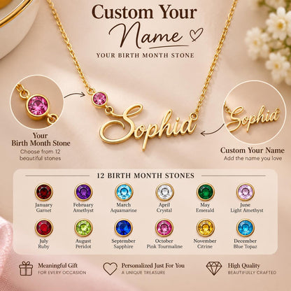 Gold tone name necklace with a birthstone, close up