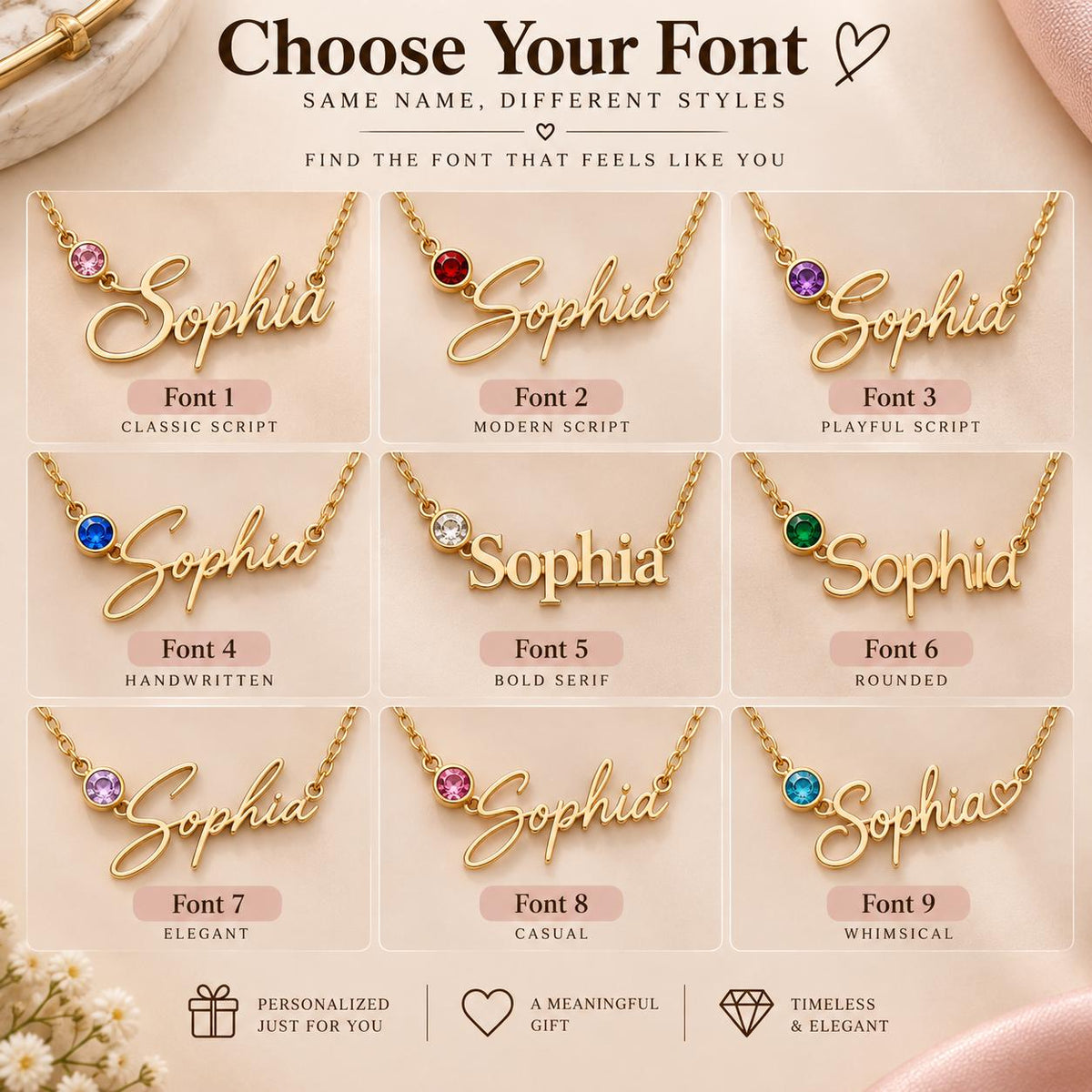 Chart of the 9 font styles for the name necklace