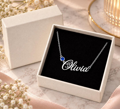 Silver tone name necklace in a gift box