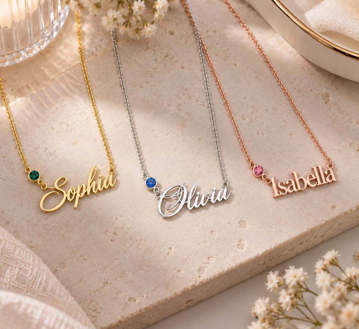 Name necklaces with birthstones in gold, silver and rose gold tone