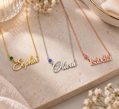 Name necklaces with birthstones in gold, silver and rose gold tone