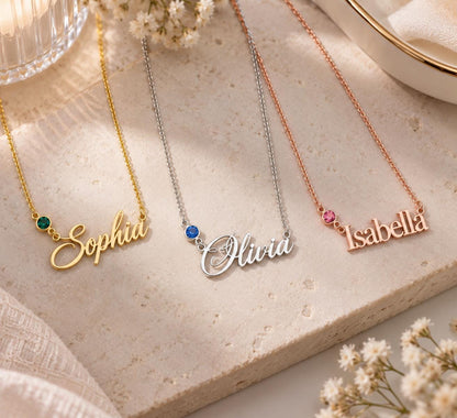 Name necklaces with birthstones in gold, silver and rose gold tone