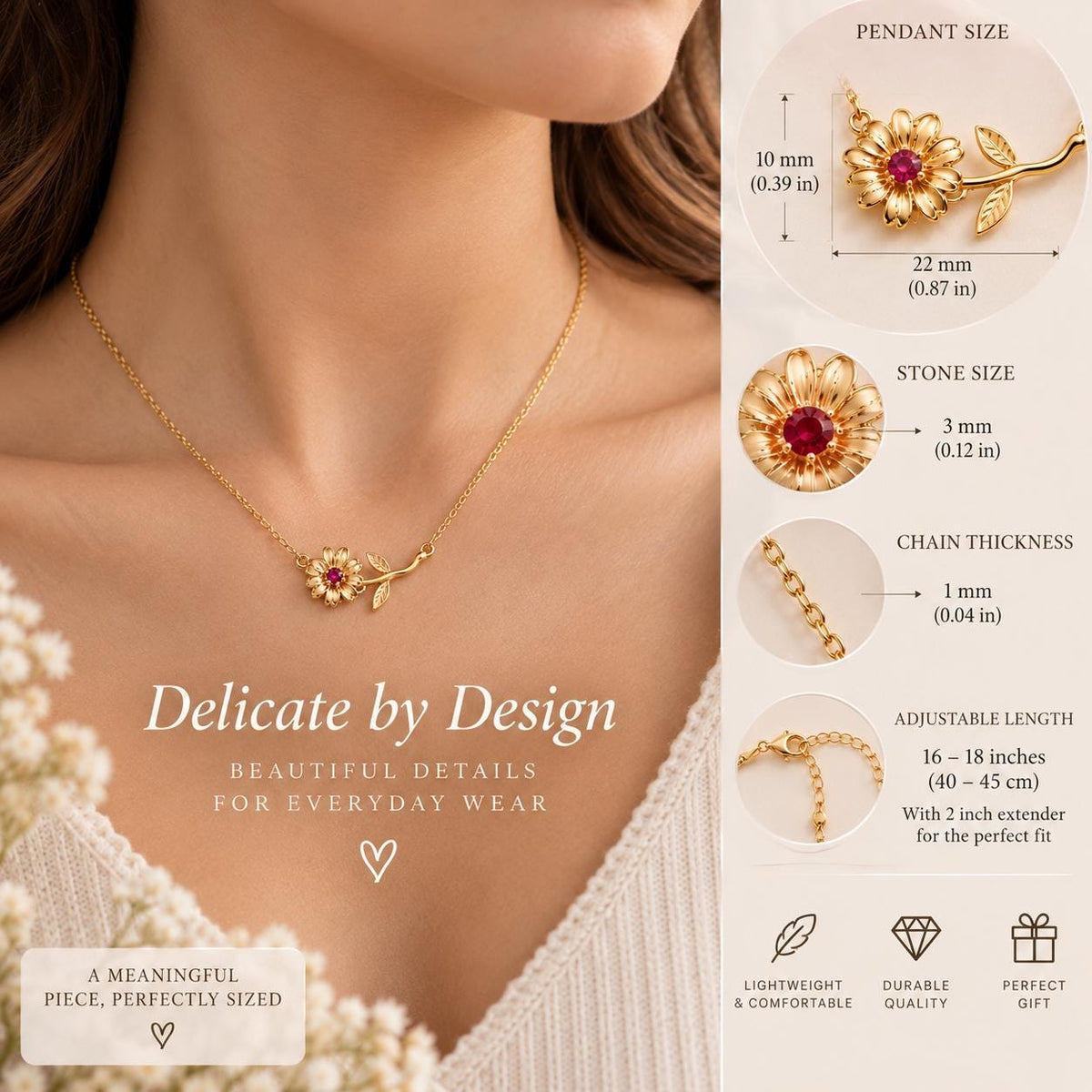 Birth month flower necklace details and chain lengths