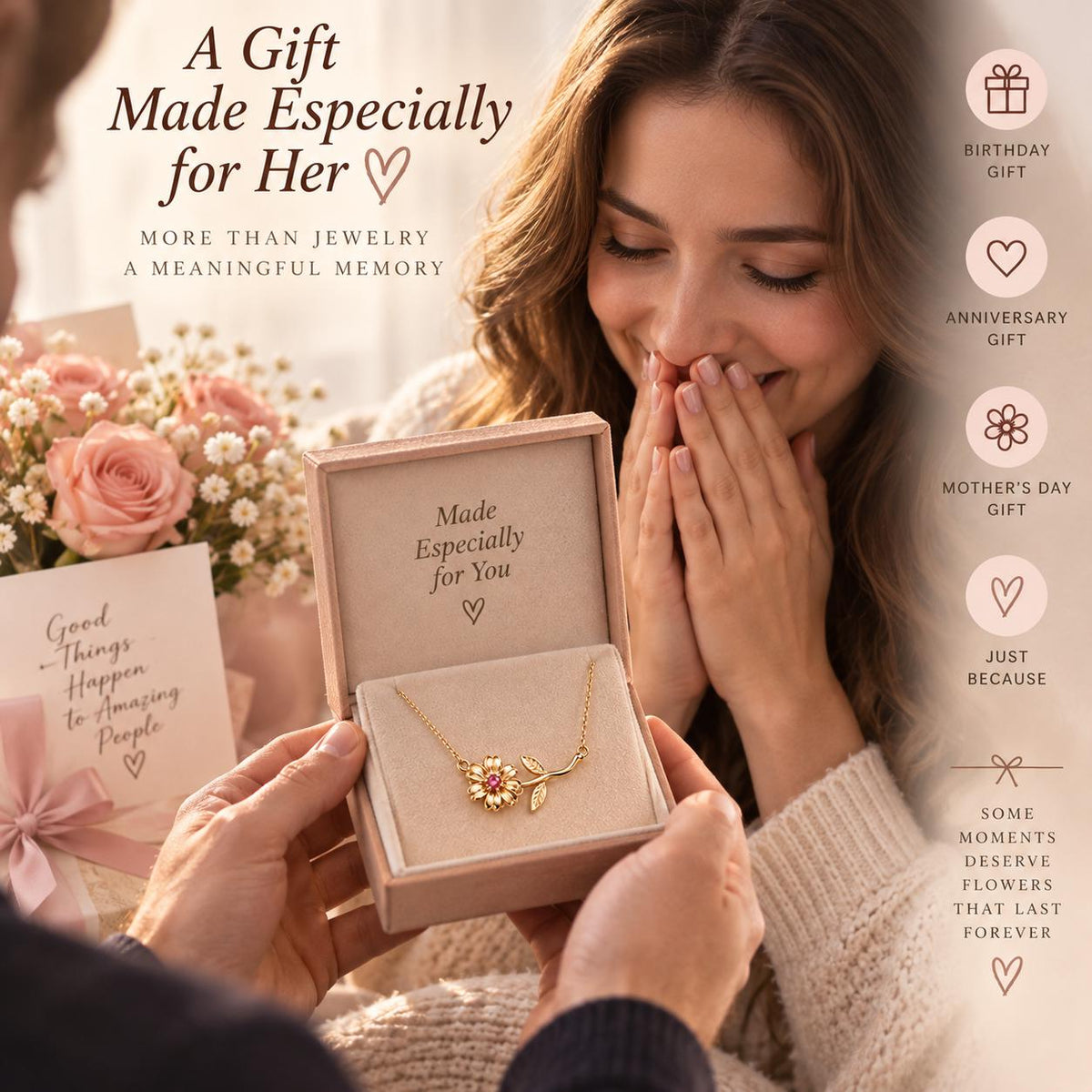 Woman receiving a birth month flower necklace gift