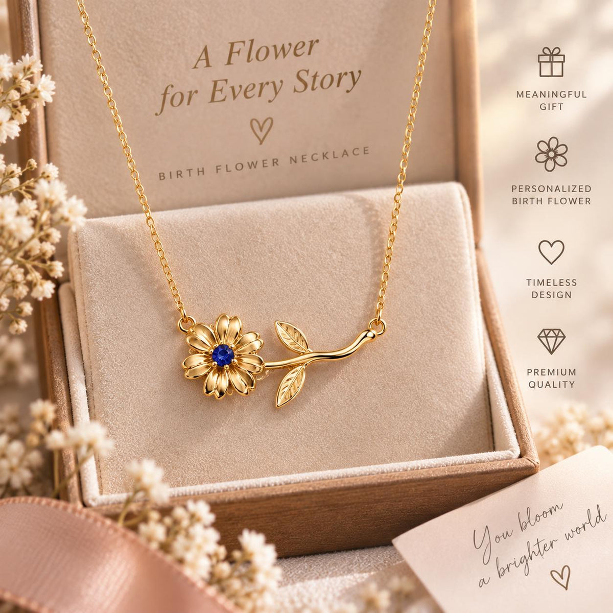 Gold tone birth month flower necklace on a display