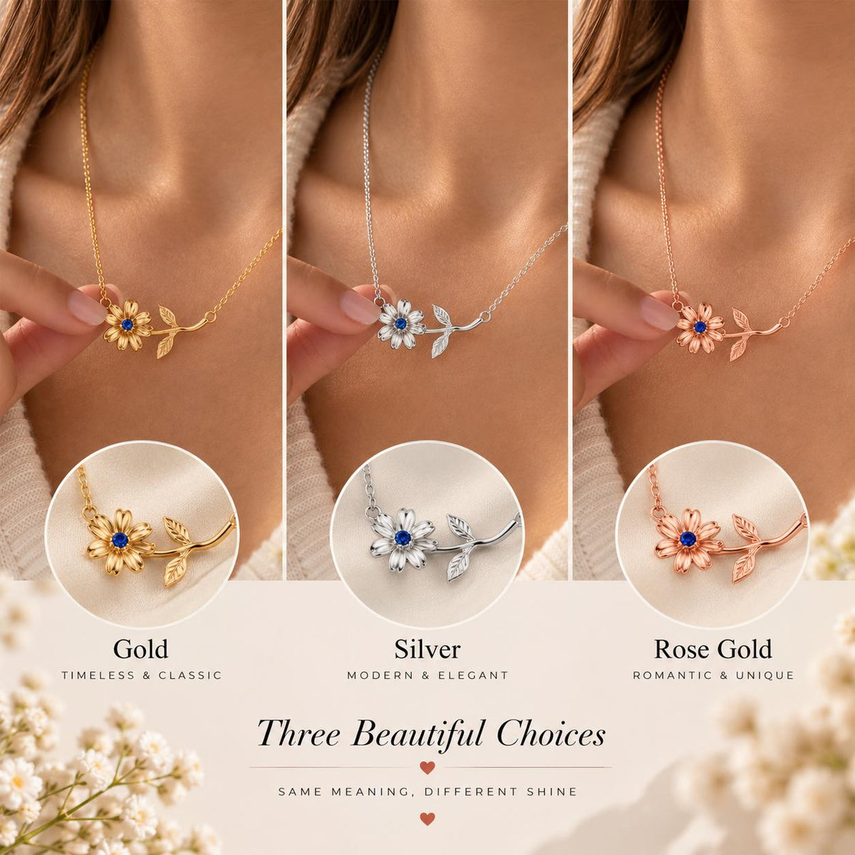 Birth month flower necklace in gold, silver and rose gold tone