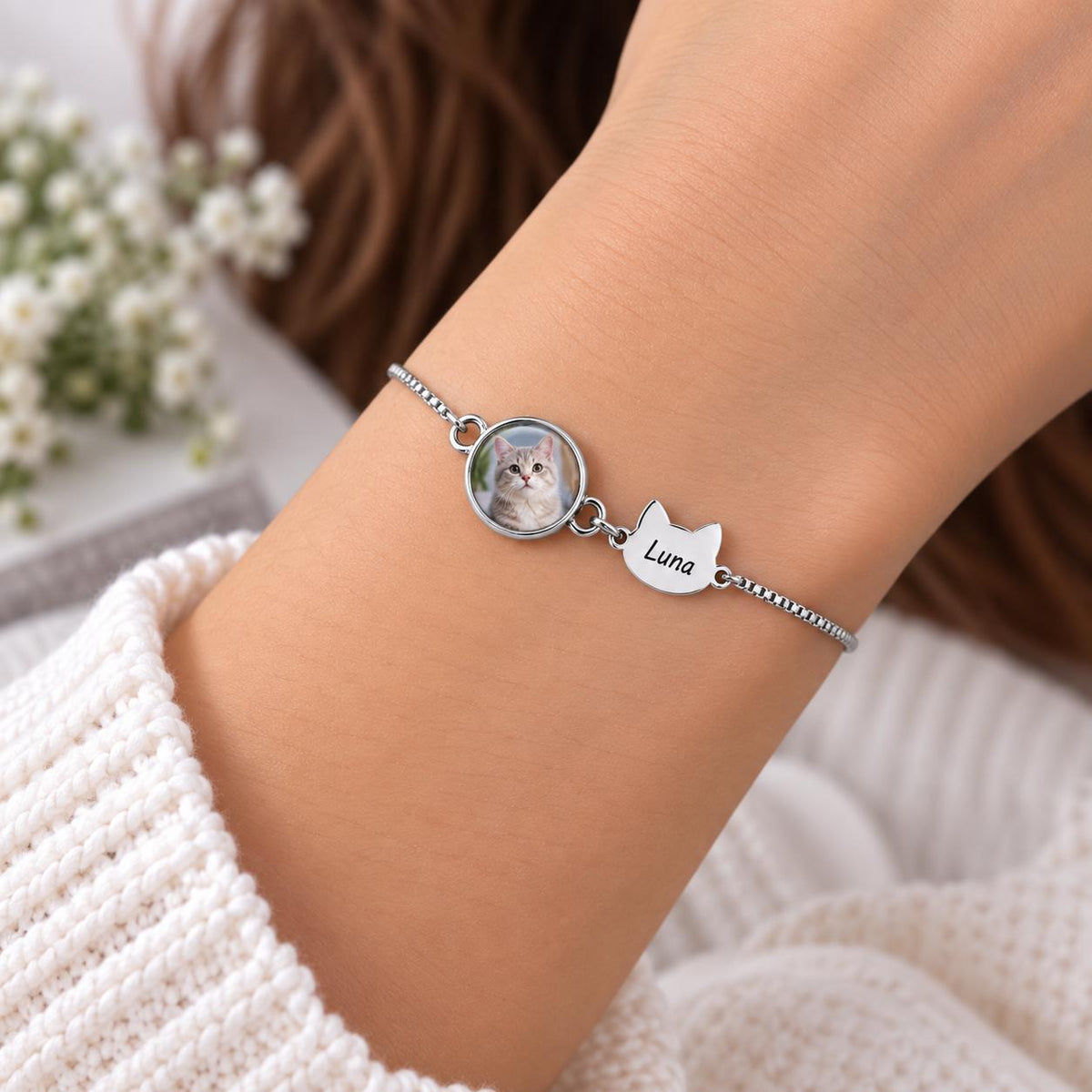 Silver tone pet photo bracelet with a cat name charm