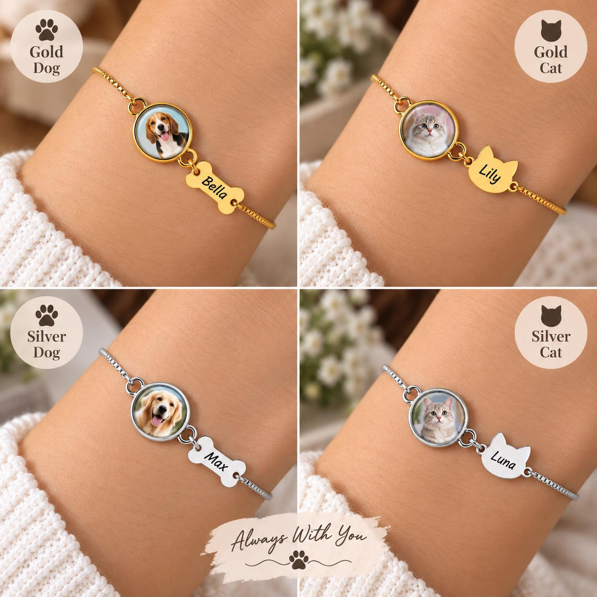 Pet photo bracelet options: gold or silver tone, dog or cat charm