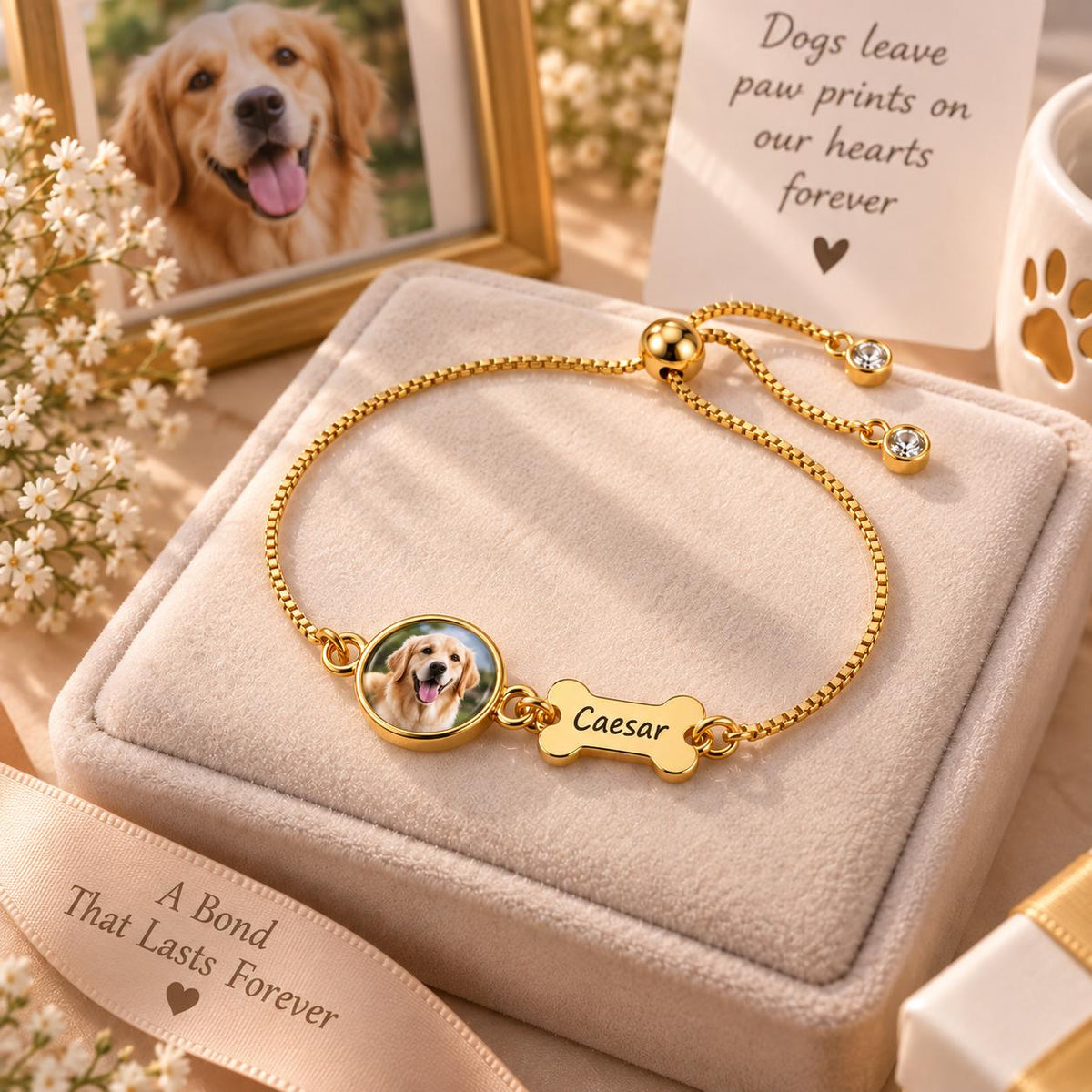 Gold tone pet photo bracelet with an engraved bone charm