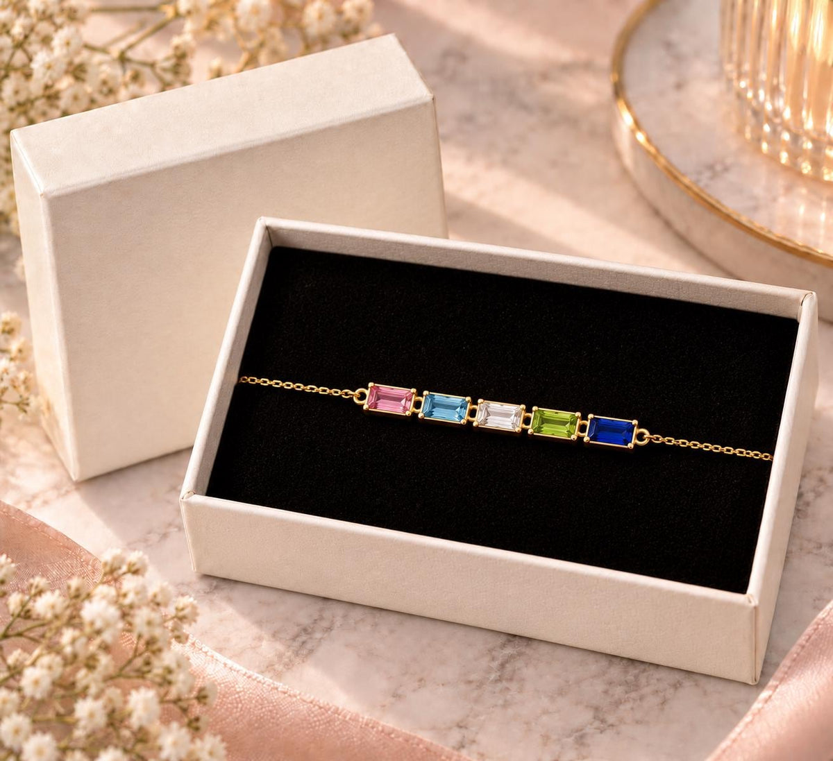 Baguette birthstone bracelet in a gift box