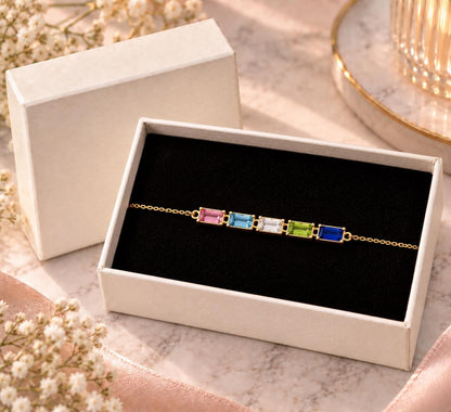 Baguette birthstone bracelet in a gift box