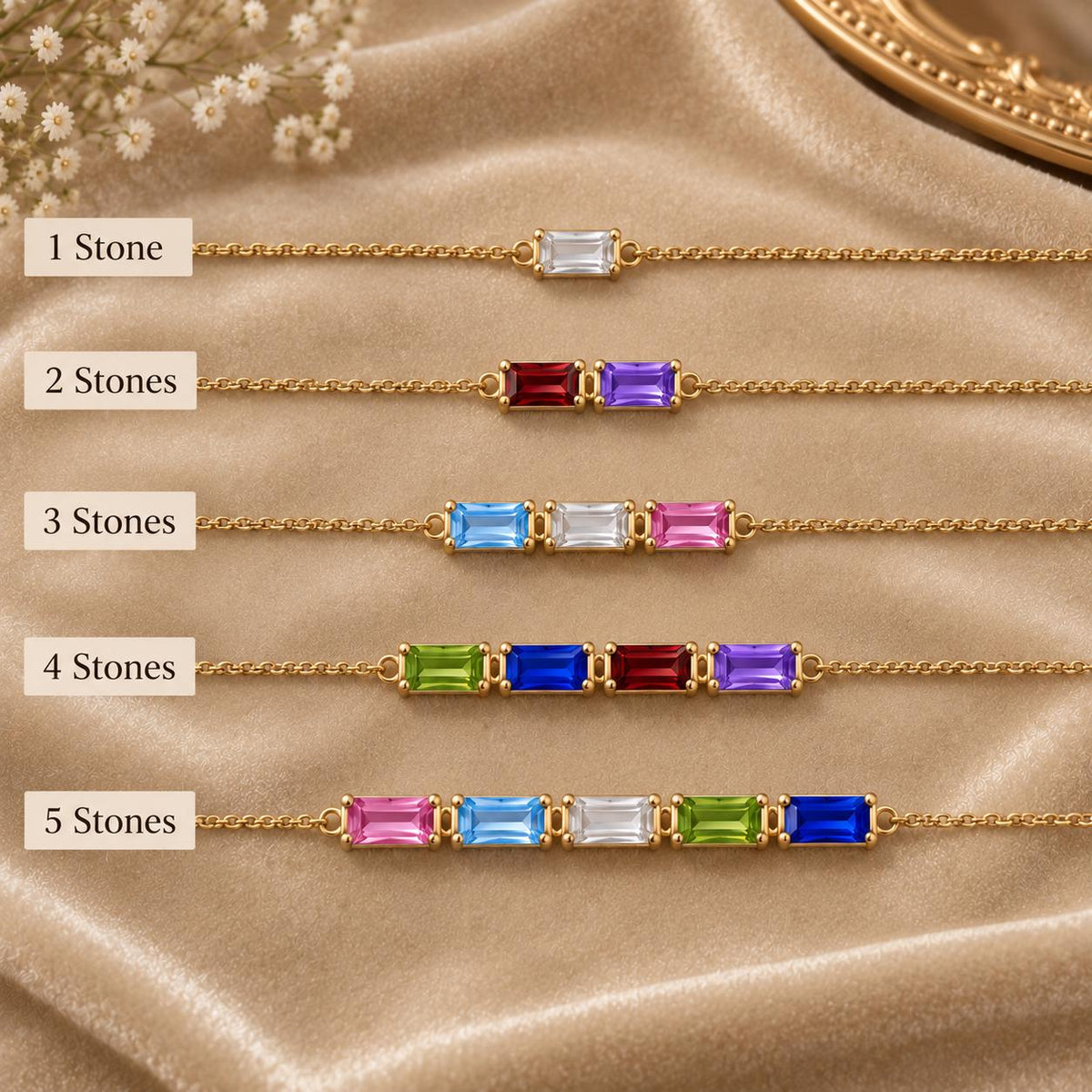 Baguette birthstone bracelet with 1 to 5 stones