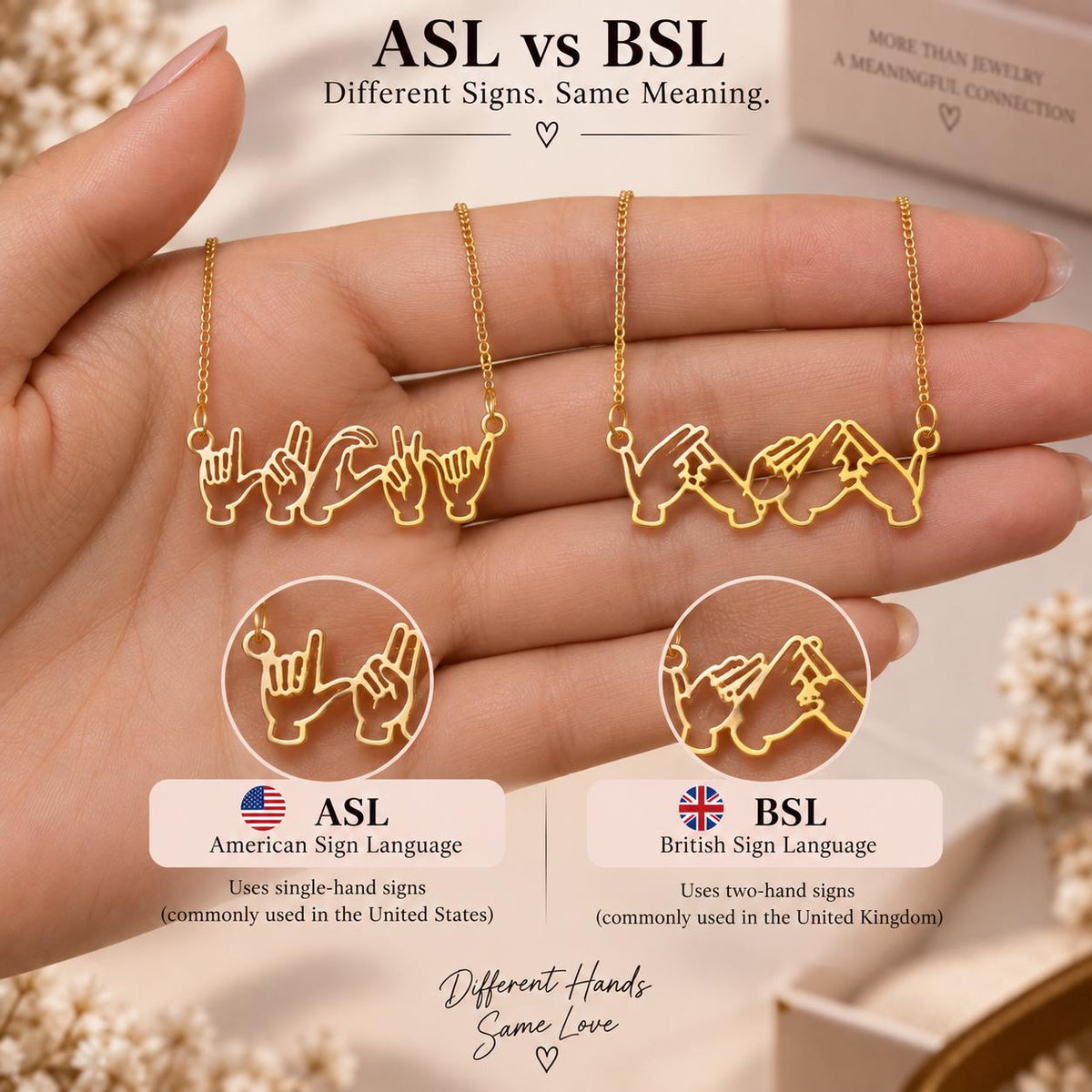 ASL and BSL sign language name necklaces compared
