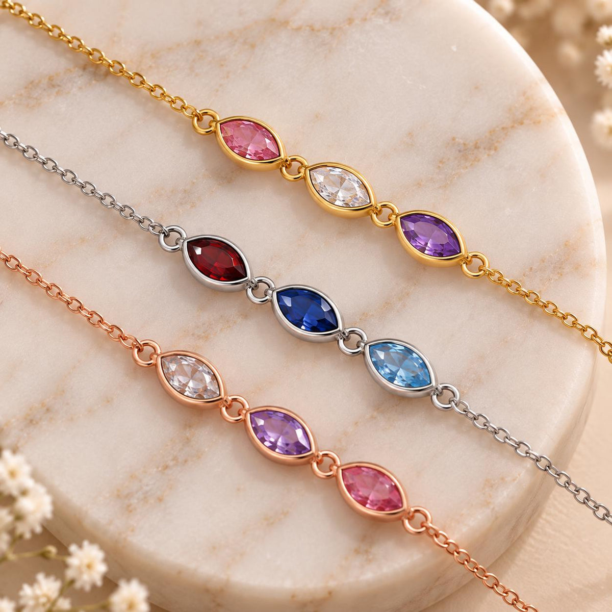 Leaf birthstone bracelet in gold, silver and rose gold tone