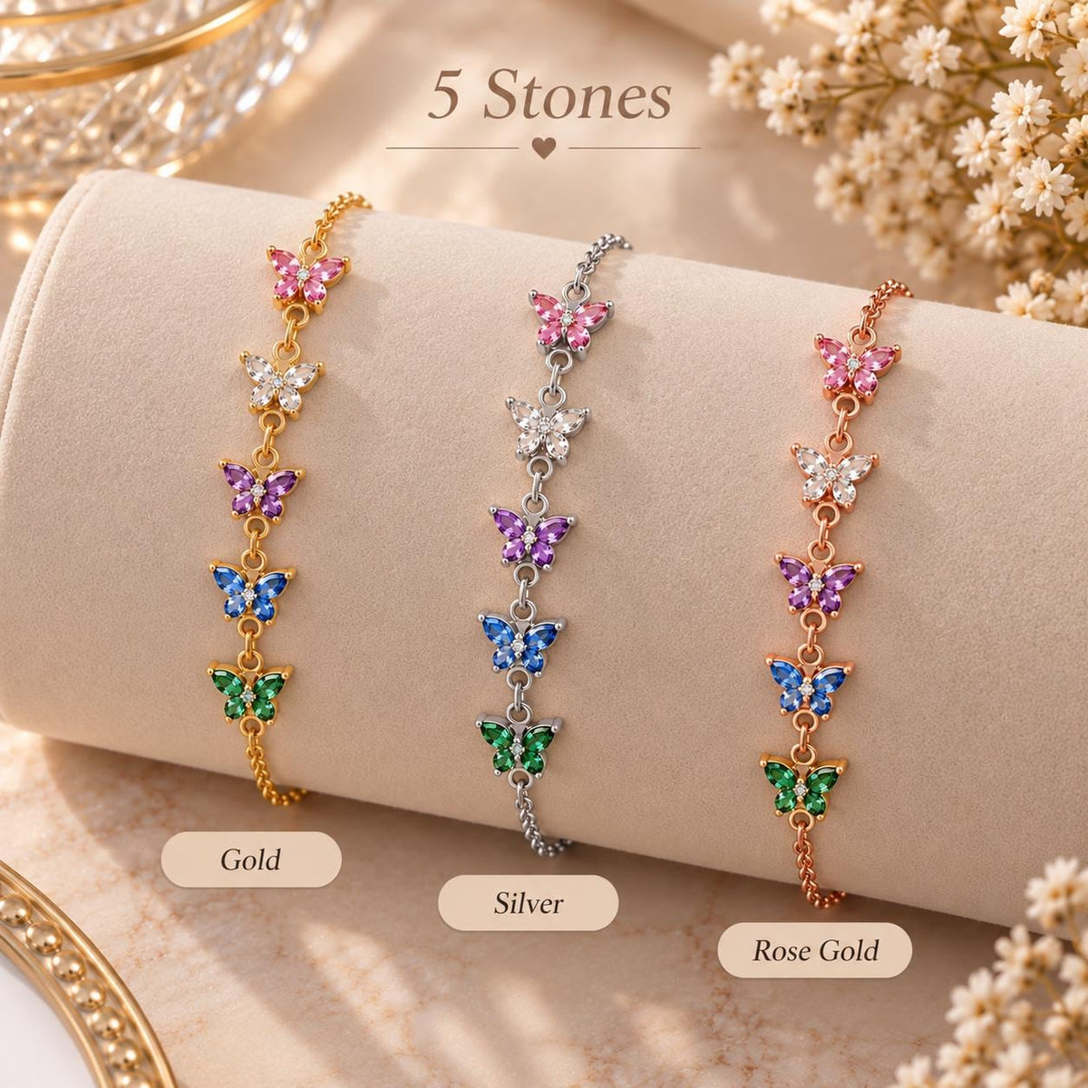Butterfly birthstone bracelet in gold, silver and rose gold tone