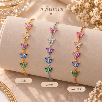 Butterfly birthstone bracelet in gold, silver and rose gold tone