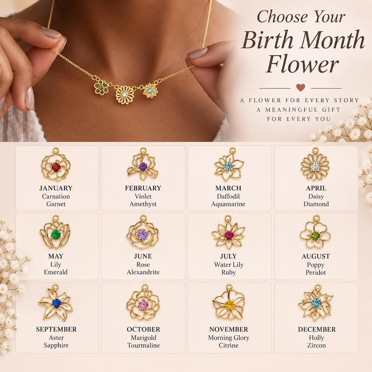 Chart of the birth flowers and birthstone colors