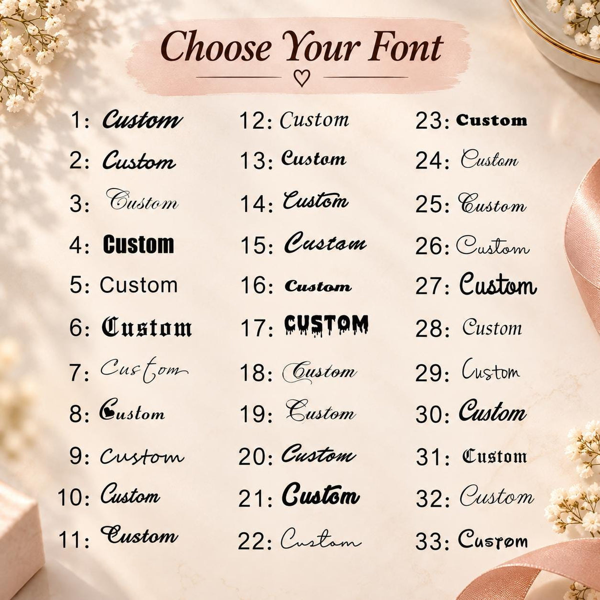 Chart of the engraving font styles for the heart name bracelet