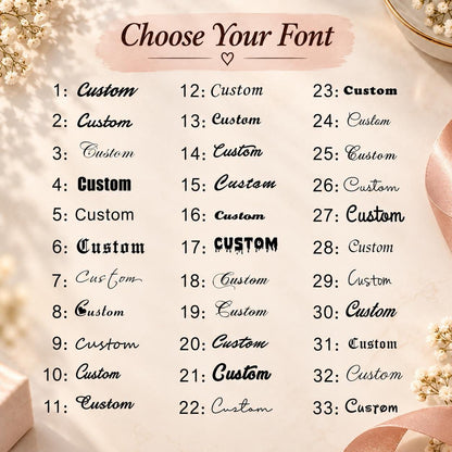 Chart of the engraving font styles for the heart name bracelet