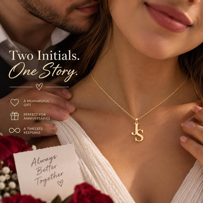Gold tone two letter initial necklace worn with a card