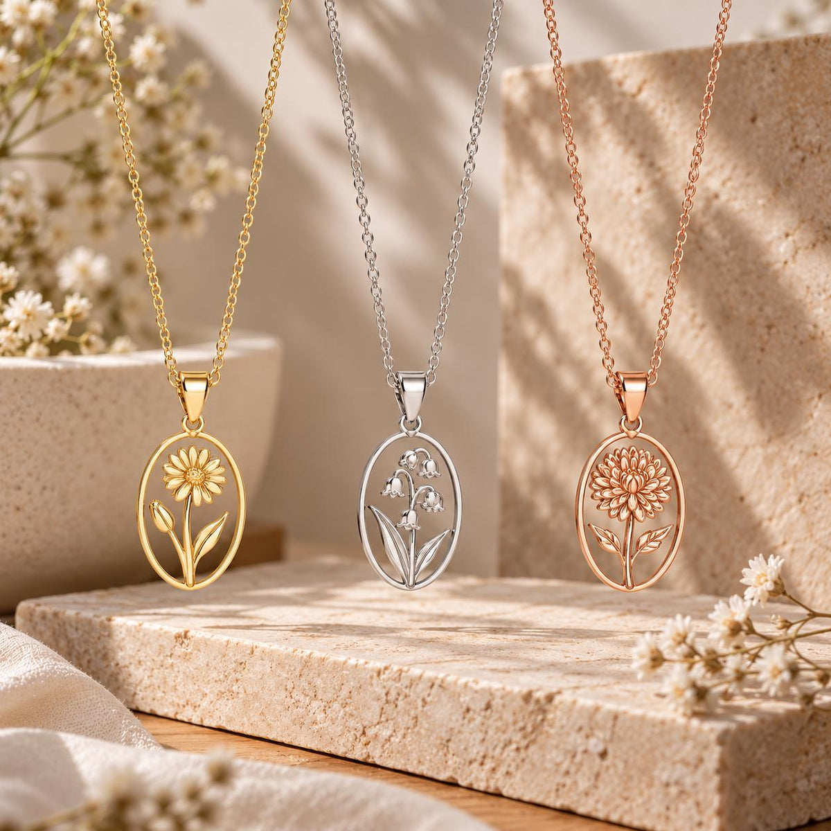Birth flower necklace in gold, silver and rose gold tone