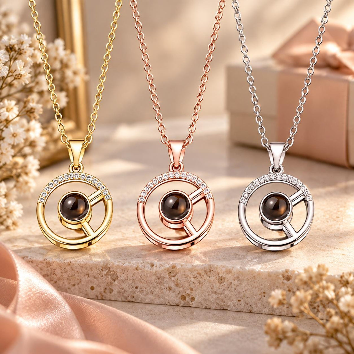 Open circle photo projection necklace