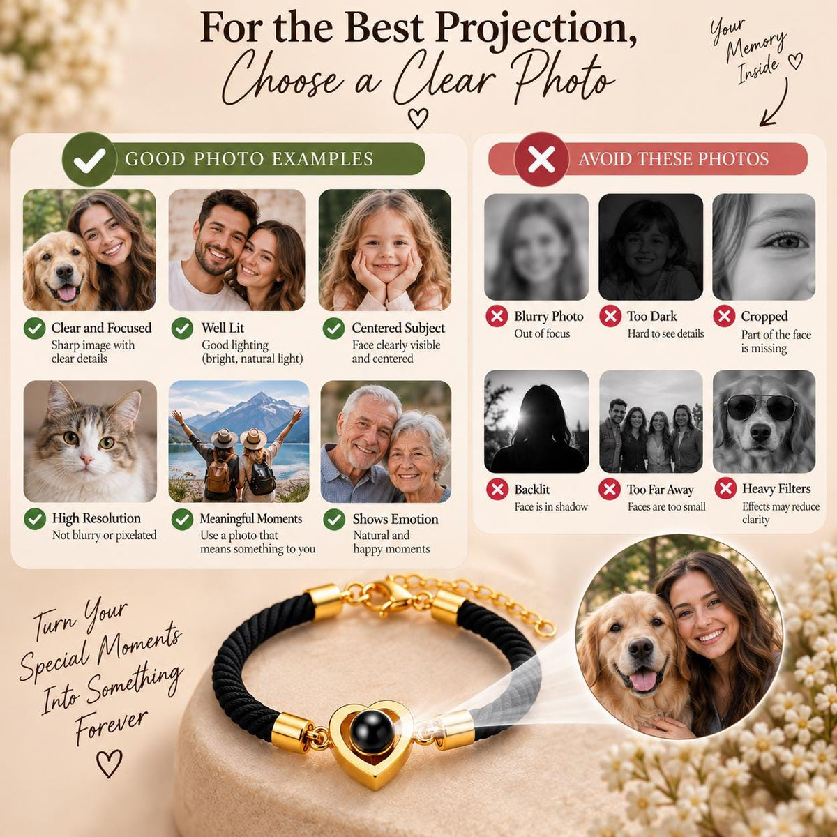 Heart charm photo projection bracelet options