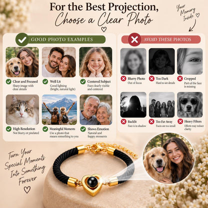 Heart charm photo projection bracelet options
