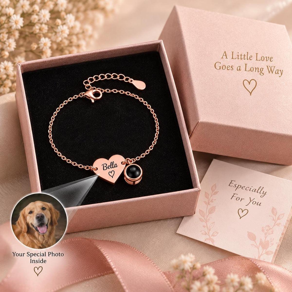 Heart name photo bracelet finish options