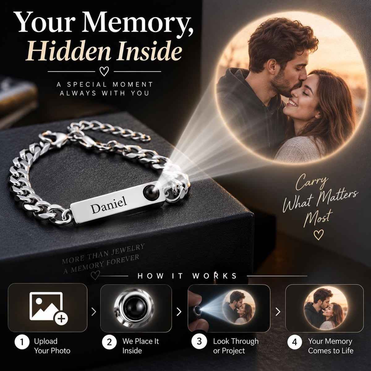 Men's photo projection bracelet on the wrist
