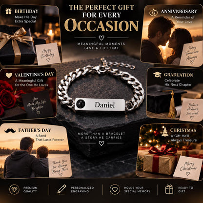 Men's name bracelet with projection charm details