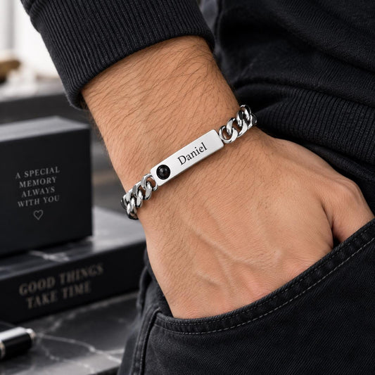 Cuban link chain bracelet with black projection charm
