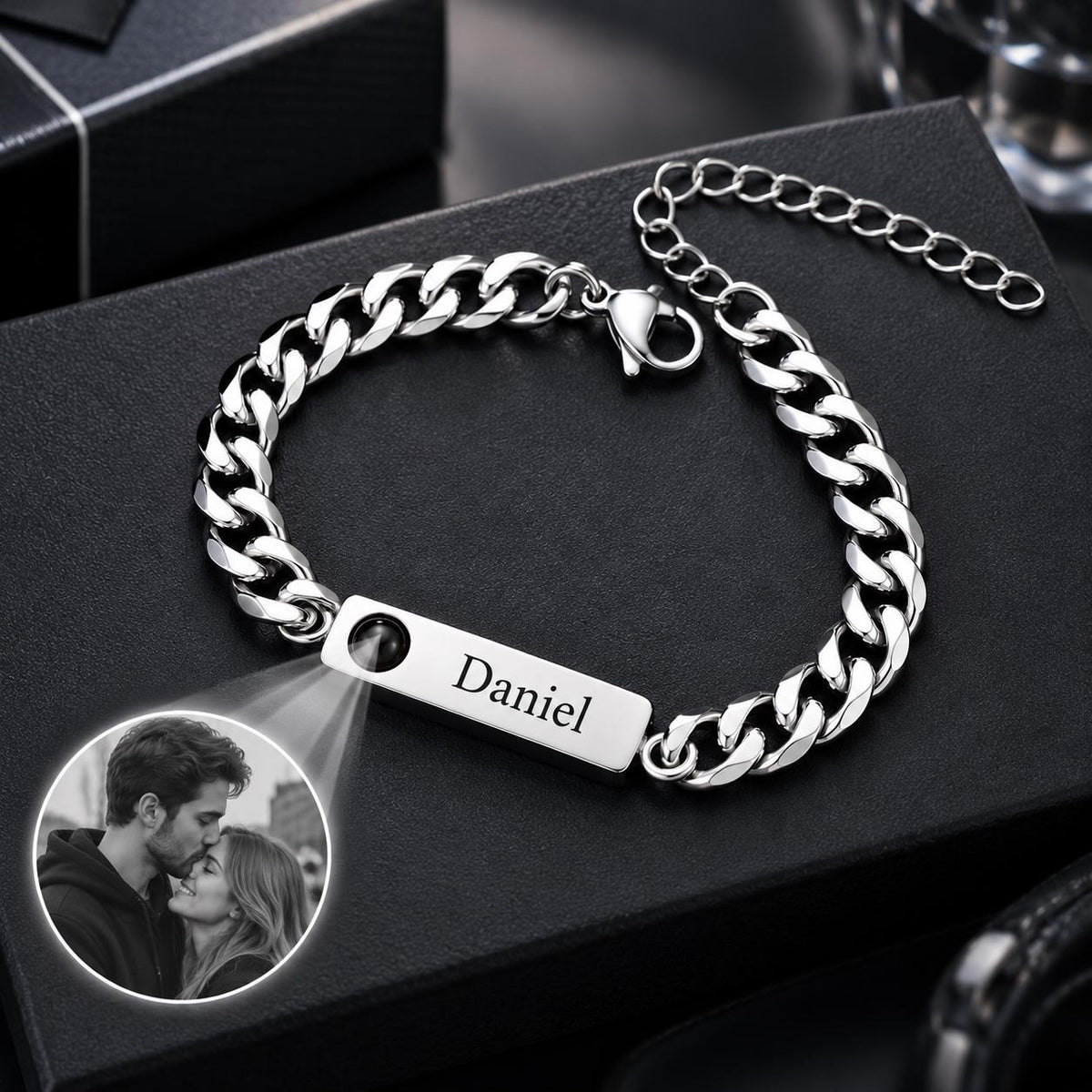 Men's Cuban link photo projection bracelet with name plate