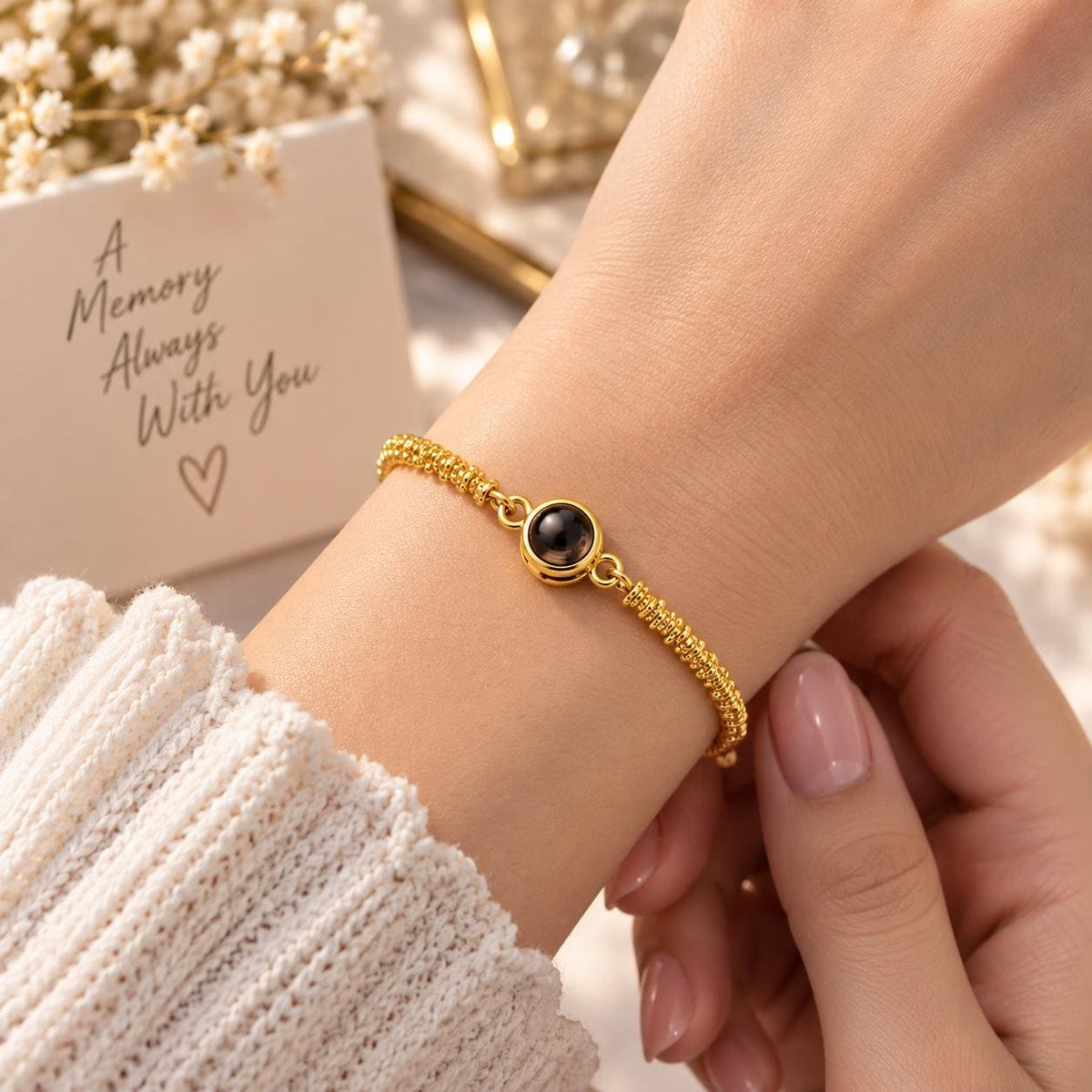 Sparkling beaded chain photo bracelet on the wrist
