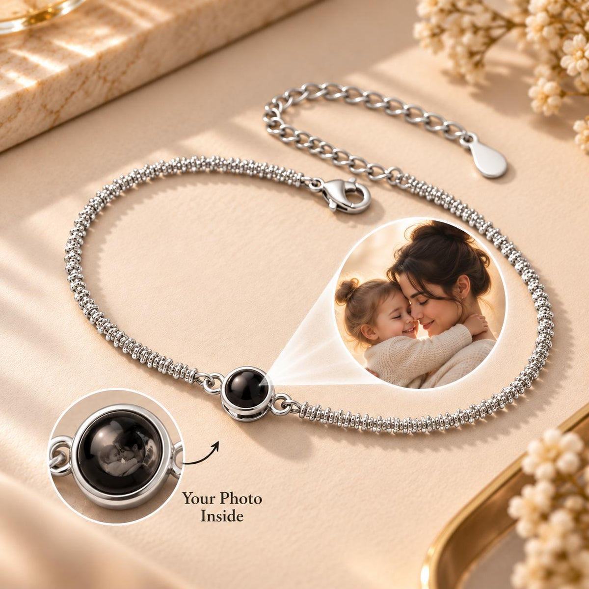 Photo projection bracelet shown in gold, silver and rose gold tone
